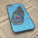 Steampunk Peacock Feather Blue Bling Glitter Hard..