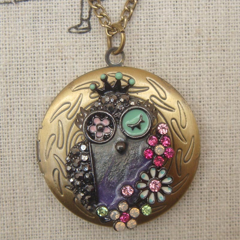 Steampunk Colorful Owl Locket Necklace Vintage Style Original Design